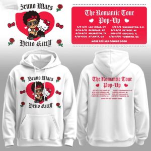 Bruno Mars Hello Kitty The Romantic Tour Pop-Up Schedule 2026 Shirt Hoodie with pop art and tour dates.