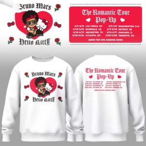 Bruno Mars Hello Kitty The Romantic Tour Pop-Up Schedule 2026 Shirt Hoodie with pop art and tour dates.