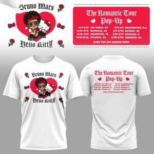 Bruno Mars Hello Kitty The Romantic Tour Pop-Up Schedule 2026 Shirt Hoodie with pop art and tour dates.