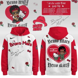 Bruno Mars Hello Kitty The Romantic Tour Shirt Hoodie with red sleeves, white body, and central red heart graphic