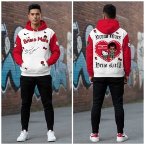 Bruno Mars Hello Kitty The Romantic Tour Shirt Hoodie with red sleeves, white body, and central red heart graphic