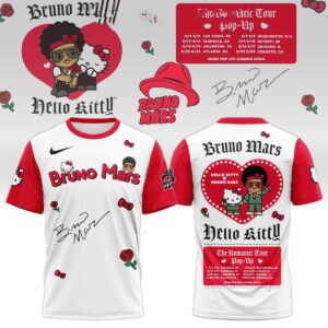 Bruno Mars Hello Kitty The Romantic Tour Shirt Hoodie with red sleeves, white body, and central red heart graphic
