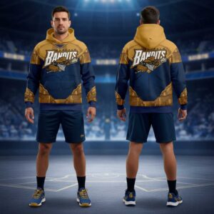 Buffalo Bandits 2026 Superhero Night Celebration Shirt Hoodie, navy and gold, with team logo & superhero armor design.