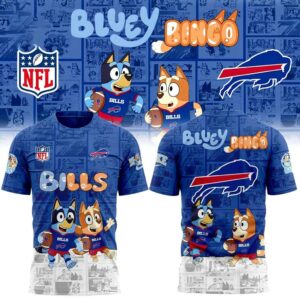 Buffalo Bills Bluey and Bingo Hoodie, royal blue, with Bluey & Bingo in Bills jerseys, comic strip background.