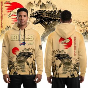 Buffalo Bills Gojira Hoodie. Beige hooded sweatshirt with a dramatic Japanese art style featuring Godzilla, Buffalo Bills logos, and a red sun.