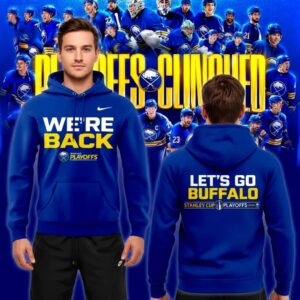 Buffalo Sabres We Are Back 2026 e 2026 Stanley Cup playoffs Hoodie, royal blue, with 'We're Back' front and 'Let's Go Buffalo' back.
