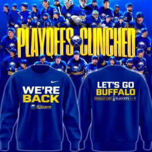Buffalo Sabres We Are Back 2026 e 2026 Stanley Cup playoffs Hoodie, royal blue, with 'We're Back' front and 'Let's Go Buffalo' back.