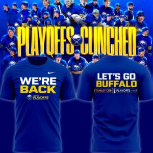 Buffalo Sabres We Are Back 2026 e 2026 Stanley Cup playoffs Hoodie, royal blue, with 'We're Back' front and 'Let's Go Buffalo' back.
