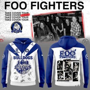 Canterbury-Bankstown Bulldogs Foo Fighters 2026 Australia Stadium Tour Hoodie. Blue & white, with Bulldogs, Dee Gees, Foo Fighters band art.