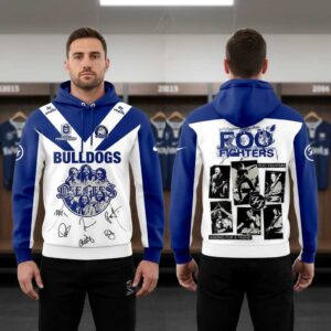 Canterbury-Bankstown Bulldogs Foo Fighters 2026 Australia Stadium Tour Hoodie. Blue & white, with Bulldogs, Dee Gees, Foo Fighters band art.