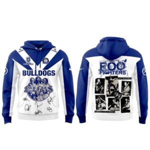 Canterbury-Bankstown Bulldogs Foo Fighters 2026 Australia Stadium Tour Hoodie. Blue & white, with Bulldogs, Dee Gees, Foo Fighters band art.