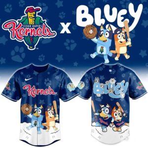 Cedar Rapids Kernels Bluey Night Jersey. Blue baseball jersey with Kernels logo, Bluey characters playing baseball, and paw prints.
