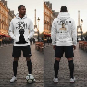 Celine Dion Paris Tour 2026 3D Graphic Limited Edition T-shirt, white, with Celine Dion graphic front and tour dates on back.