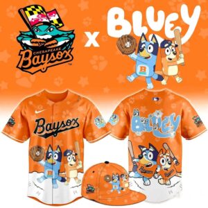 Chesapeake Baysox Blue Night Jersey: Orange baseball jersey with Bluey & Bingo characters, 'Baysox' on front, 'Bluey' on back.