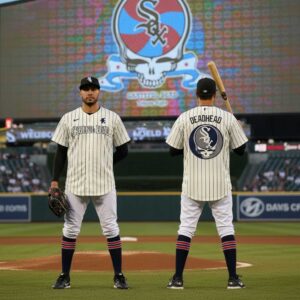 Chicago White Sox Grateful Dead Tribute Night 2026 Striped Baseball Jersey showing front 'Grateful Dead' and back 'DEADHEAD' with skull logo.