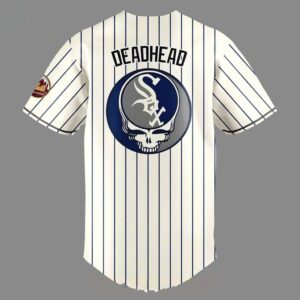 Chicago White Sox Grateful Dead Tribute Night 2026 Striped Baseball Jersey showing front 'Grateful Dead' and back 'DEADHEAD' with skull logo.