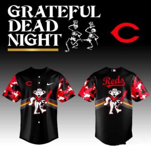 Cincinnati Reds Grateful Dead Night 2026 Baseball Jersey. Black jersey with red camo sleeves, Grateful Dead bear graphic, and Reds logo.