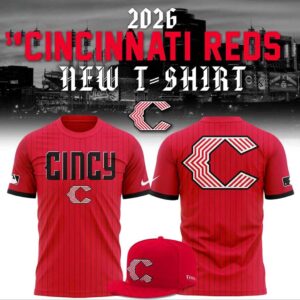 Cincinnati Reds New Uniform All Red 2026 Hoodie Tee featuring 'CINCY' and stylized 'C' logos on a vertically striped red fabric.