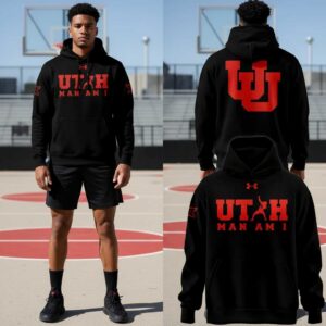 Coach Morgan Scalley Utah MAN AM I Hoodie. Black, red 'UTAH' (dunking 'A'), 'MAN AM I' print, large red Utes logo back.