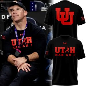 Coach Morgan Scalley Utah MAN AM I Hoodie. Black, red 'UTAH' (dunking 'A'), 'MAN AM I' print, large red Utes logo back.