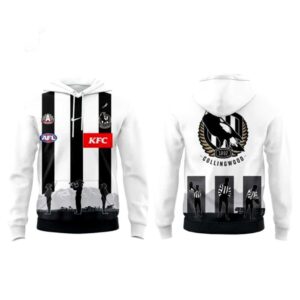 Collingwood FC Introducing our 2026 Anzac Day Guernsey Hoodie: black & white stripe design, Magpie logo, soldier silhouettes front hem, players back hem.