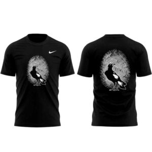 Black hoodie featuring a white fingerprint magpie design on front & back. Collingwood Football Club Coach Craig Mcrae 2026T-shirt.