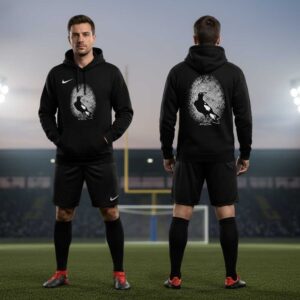 Black hoodie featuring a white fingerprint magpie design on front & back. Collingwood Football Club Coach Craig Mcrae 2026T-shirt.