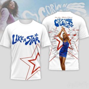 Corinne Bailey Rae Like A Star Celebrating 20 Year T-Shirt, light blue, with 'LIKE A STAR' on front & tour design featuring Corinne Bailey Rae on back.