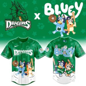 Dayton Dragons Bluey Jersey: Vibrant green baseball jersey featuring 'DRAGONS' in bold white script across chest, worn by a player on the diamond.