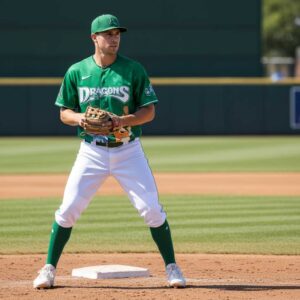Dayton Dragons Bluey Jersey: Vibrant green baseball jersey featuring 'DRAGONS' in bold white script across chest, worn by a player on the diamond.