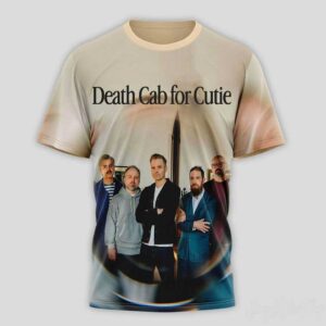 Death Cab for Cutie 2026 Tour Dates Tee Hoodie featuring the band members and logo on a cream-to-blue gradient.