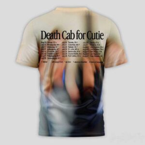 Death Cab for Cutie 2026 Tour Dates Tee Hoodie featuring the band members and logo on a cream-to-blue gradient.