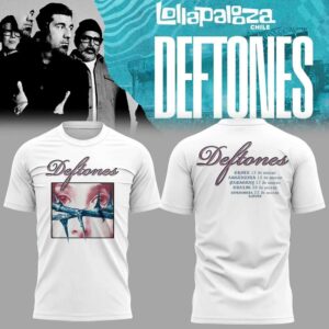 Deftones South America Tour Hoodie, white, with intense eyes and blue thorns graphic on front, tour dates on back.