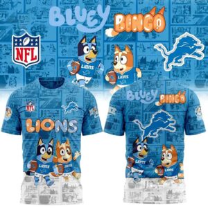 Detroit Lions Bluey and Bingo Hoodie. All-over print blue design with Bluey & Bingo in Lions jerseys playing football.