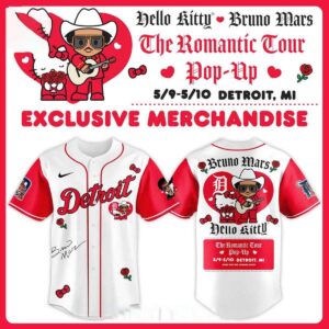 Detroit Tigers Hello Kitty Bruno Mars Romantic Tour 2026 Pop-Up Jersey. White/red jersey featuring 'Detroit,' Hello Kitty, and signature.