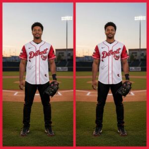 Detroit Tigers Hello Kitty Bruno Mars Romantic Tour 2026 Pop-Up Jersey. White/red jersey featuring 'Detroit,' Hello Kitty, and signature.
