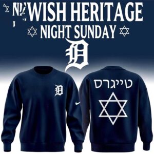 Detroit Tigers Jewish Heritage Night 2026 Tee Hoodie Navy. Navy hoodie with white D logo (front), Yiddish 'Tigers' and Star of David (back).