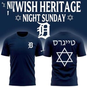 Detroit Tigers Jewish Heritage Night 2026 Tee Hoodie Navy. Navy hoodie with white D logo (front), Yiddish 'Tigers' and Star of David (back).