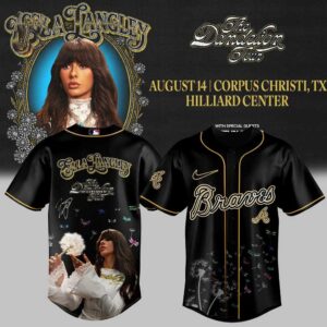 Ella Langley Atlanta Braves Baseball Jersey. Black jersey featuring Ella Langley with dandelion, butterflies, signature on front; 'BRAVES' & flying seeds on back.