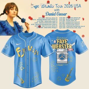 Faye Webster Tour 2026 Baseball Jersey: Light blue, custom 'Faye Webster' text, musical notes, stars, and washing machine graphic.