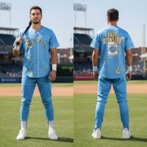 Faye Webster Tour 2026 Baseball Jersey: Light blue, custom 'Faye Webster' text, musical notes, stars, and washing machine graphic.
