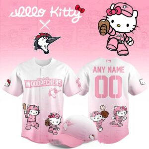 Fayetteville Woodpeckers Hello Kitty 2026 Night Pink Baseball Jersey. Pink gradient, Hello Kitty baseball, custom name/number.
