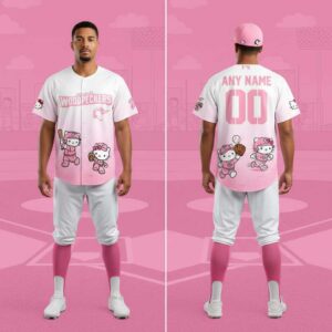 Fayetteville Woodpeckers Hello Kitty 2026 Night Pink Baseball Jersey. Pink gradient, Hello Kitty baseball, custom name/number.