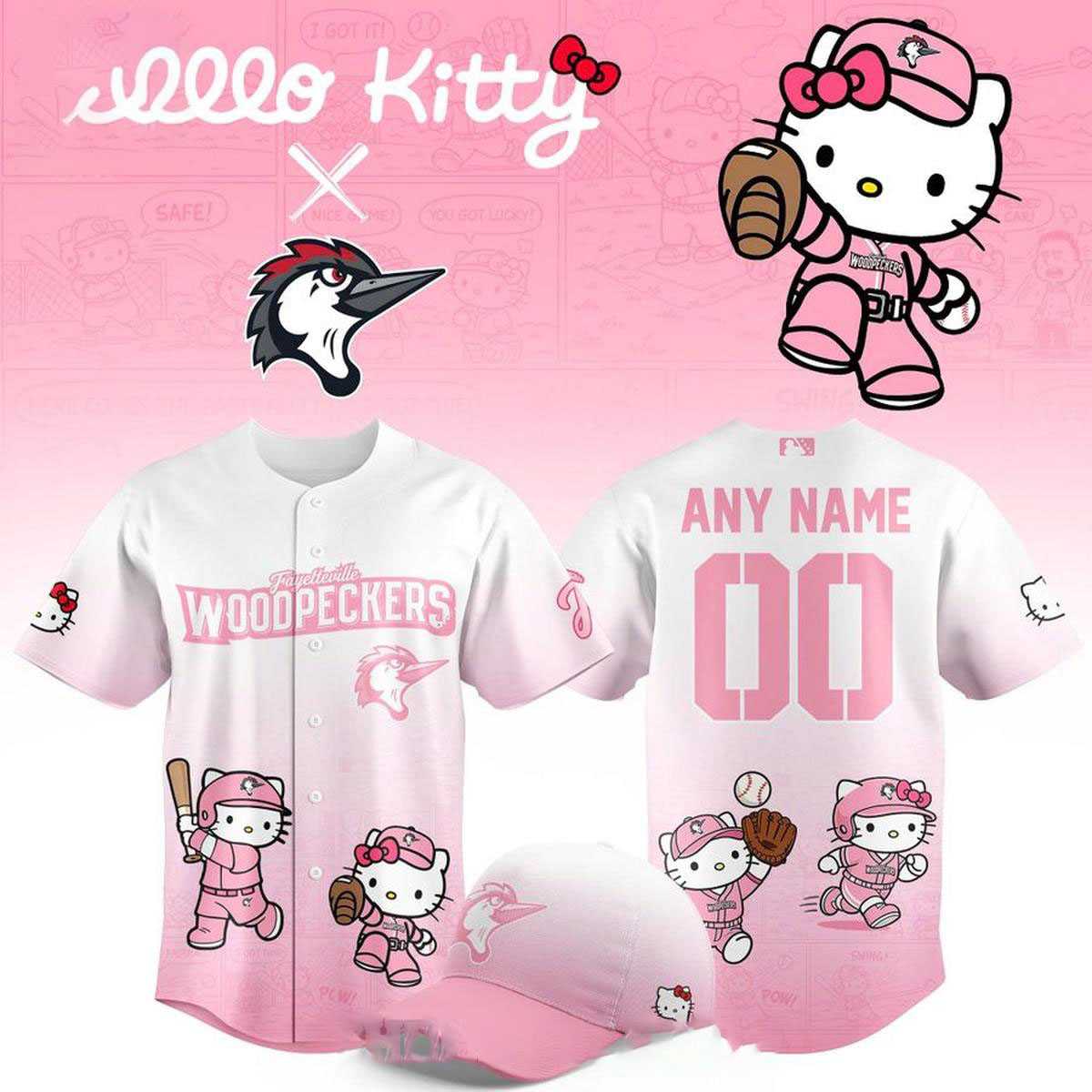 Fayetteville Woodpeckers Hello Kitty 2026 Night Pink Baseball Jersey Fayetteville Woodpeckers Hello Kitty 2026 Night Pink Baseball Jersey
