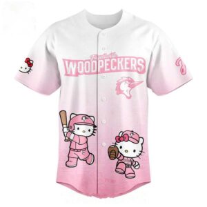 Fayetteville Woodpeckers Hello Kitty 2026 Night Pink Baseball Jersey. Pink gradient, Hello Kitty baseball, custom name/number.