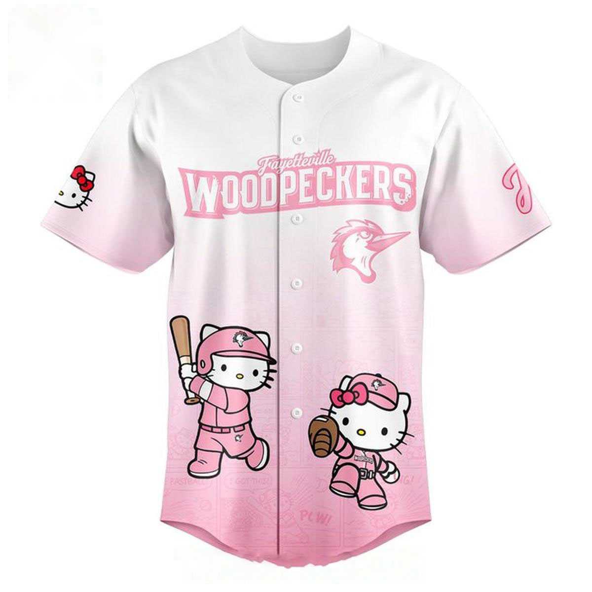 Fayetteville Woodpeckers Hello Kitty 2026 Night Pink Baseball Jersey Fayetteville Woodpeckers Hello Kitty 2026 Night Pink Baseball Jersey