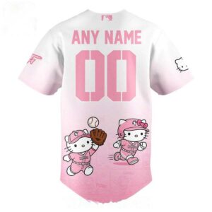 Fayetteville Woodpeckers Hello Kitty 2026 Night Pink Baseball Jersey. Pink gradient, Hello Kitty baseball, custom name/number.