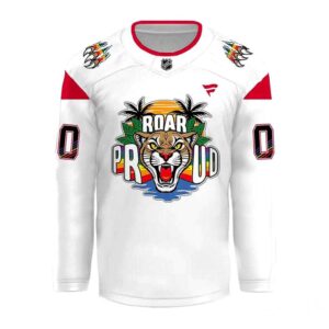Florida Panthers Our 2026 Pride Night Hockey Jersey featuring a rainbow-maned panther, 'ROAR PROUD', and rainbow numbers.