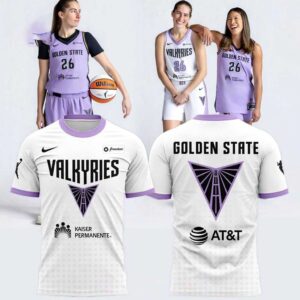 Golden State Valkyries 2026 Heroine Night White Hoodie Tee. White body, purple hood/cuffs, team logos, sponsors.