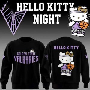 Golden State Valkyries Hello Kitty Night 2026 Celebrate Black Tee Hoodie. Black hoodie with Valkyries front, Hello Kitty basketball back.